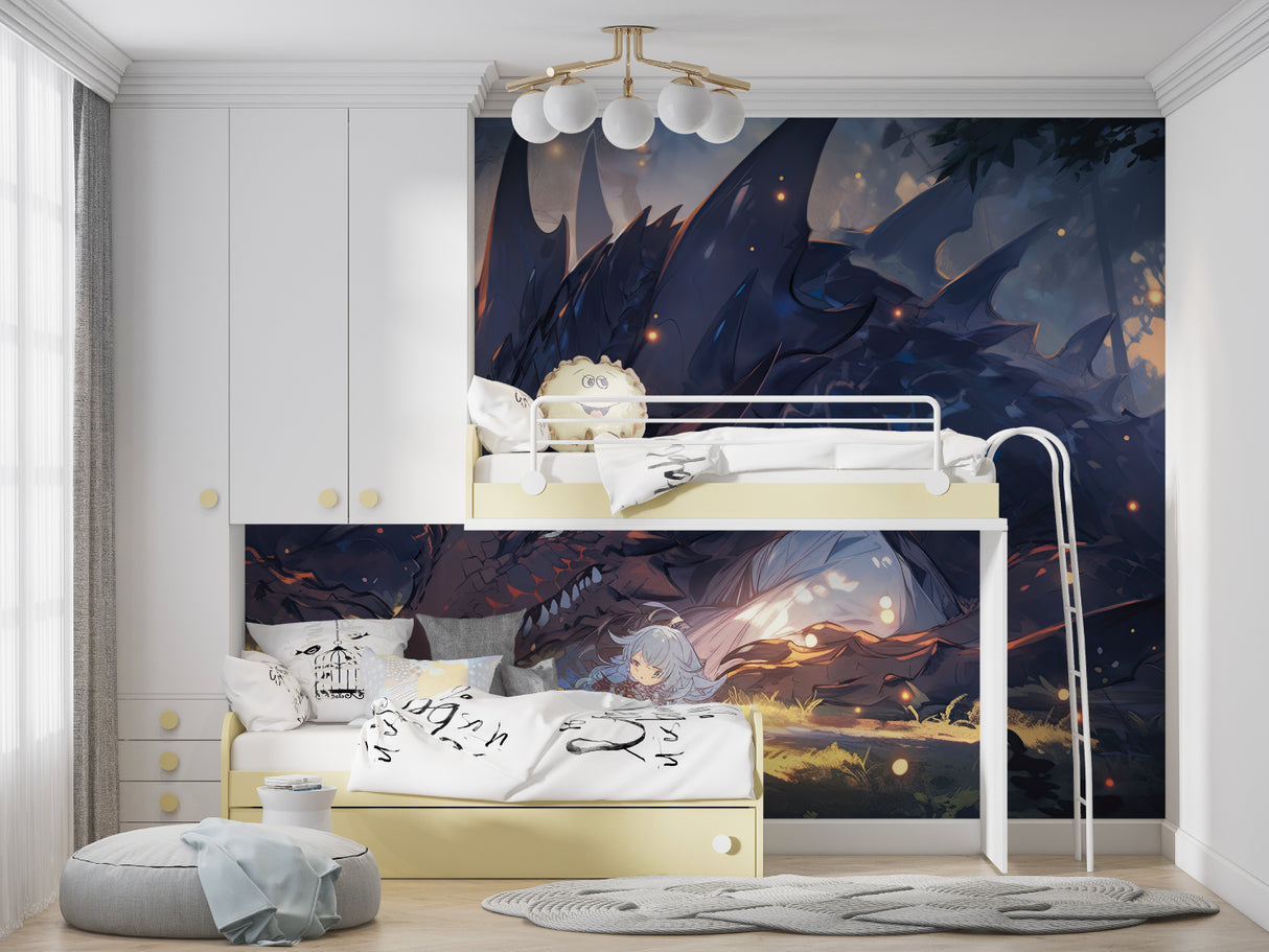 Fantasy dragon wallpaper in study room showing scale and detail