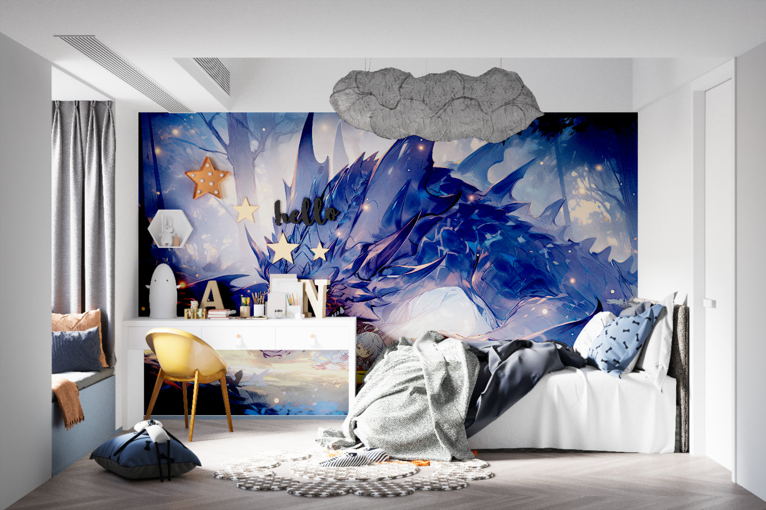 Mystical dragon mural in family room with evening lighting