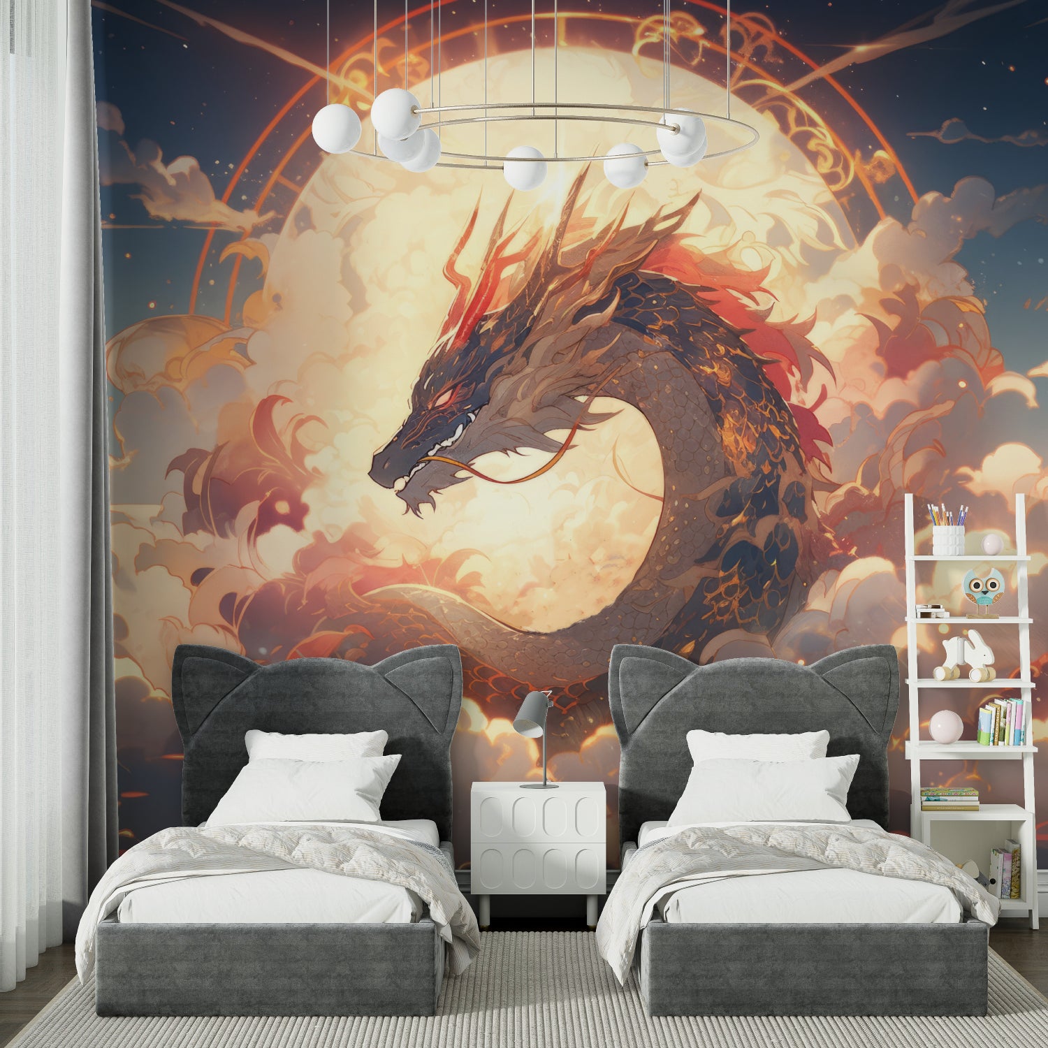 Fantasy dragon wallpaper transforming office space with magical atmosphere