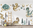 Dragon wallpaper mural showcased in a bright nursery with white furniture and soft textiles