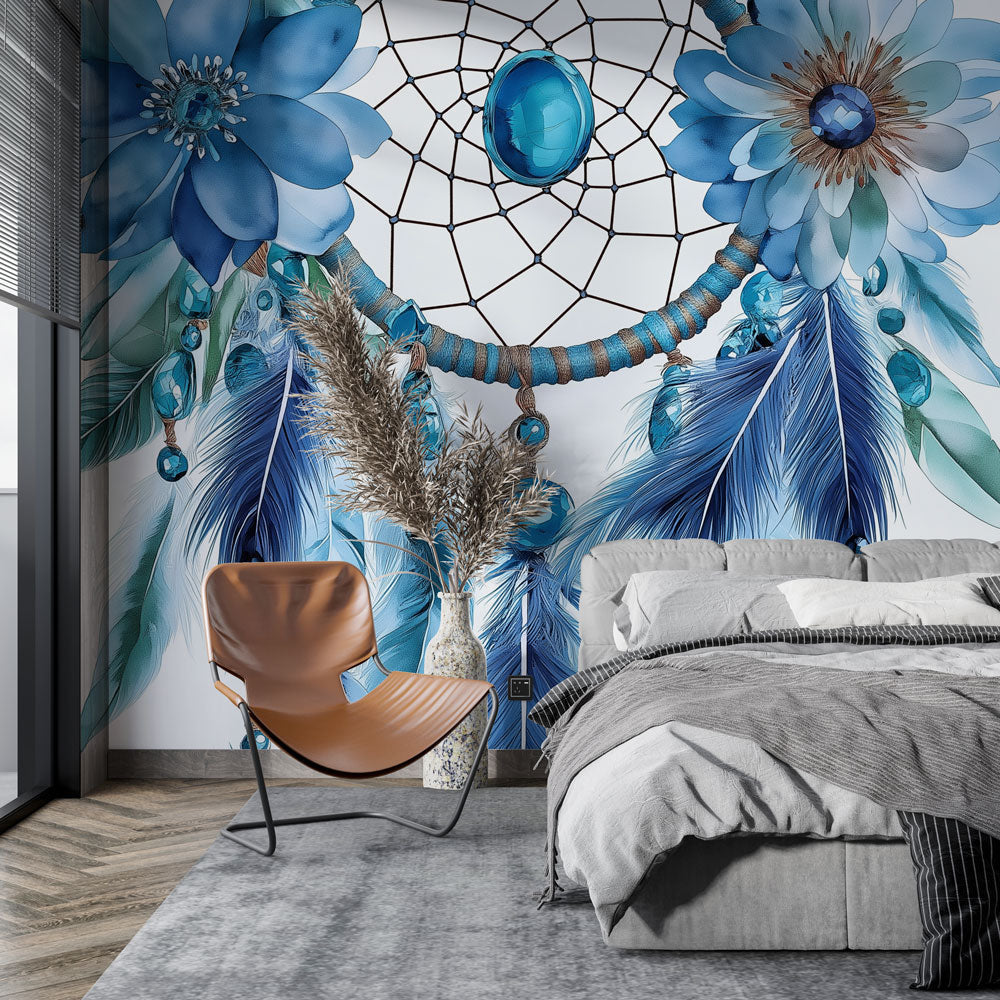 Blue Dreamcatcher wallpaper creating a peaceful atmosphere in a modern bedroom with soft natural lighting