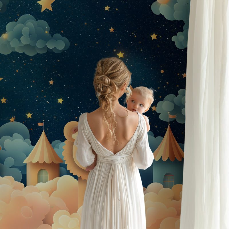 Magical castle wallpaper with sleeping lion in cozy nursery, soft night light creating perfect bedtime atmosphere
