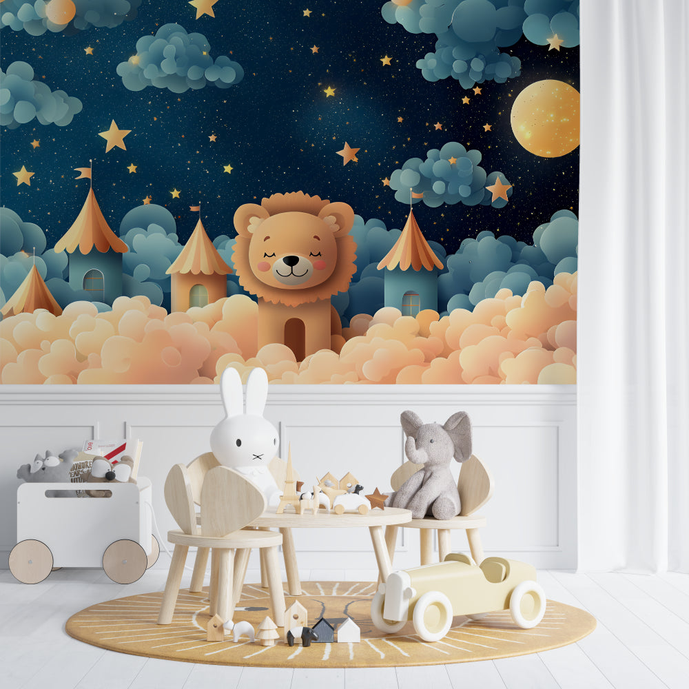 Castle mural with starry sky in modern kids bedroom, showing scale and dreamy effect