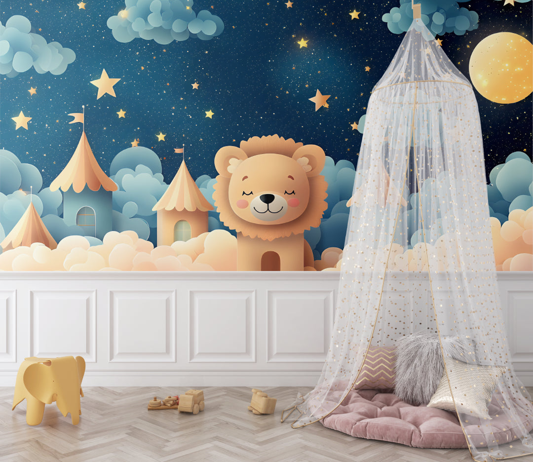 Night sky castle wallpaper in baby nursery with crib, creating peaceful sleep environment