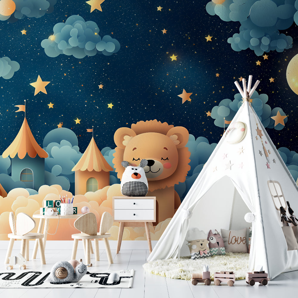 Sleeping lion wall mural in reading nook, showing golden castle details