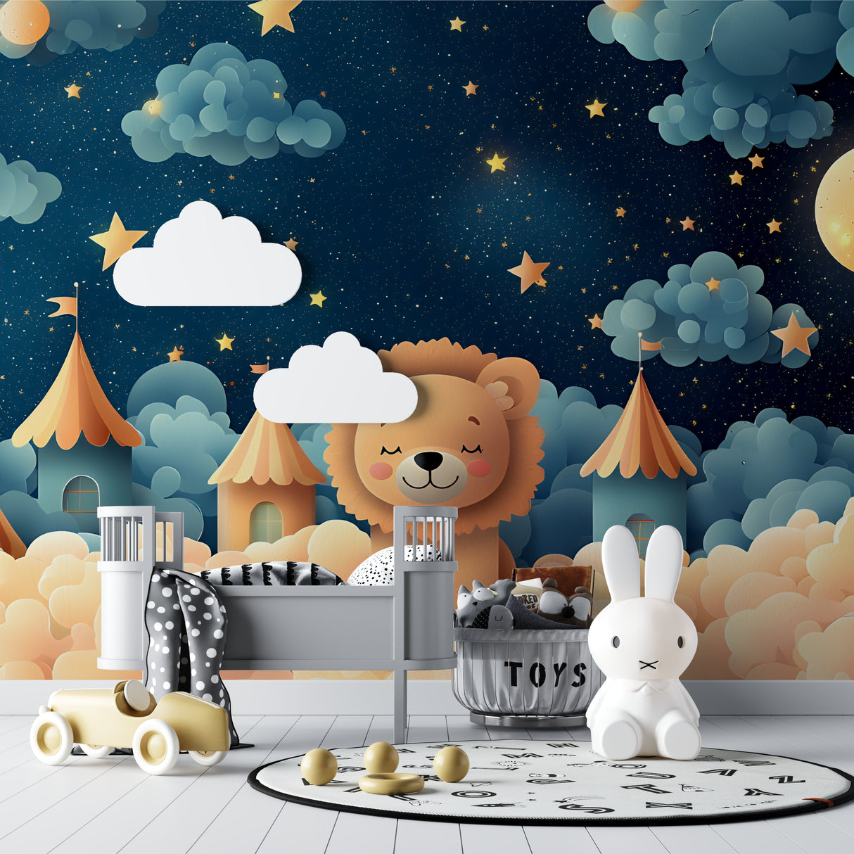 Castle wallpaper with stars in playroom setting, displaying full wall coverage