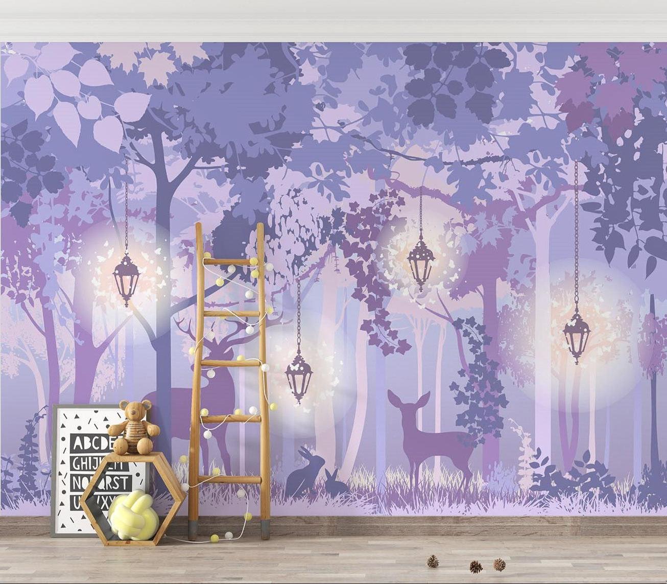 Papier Peint Mural Forêt | Bois Enchanté Violet Avec Lanternes
