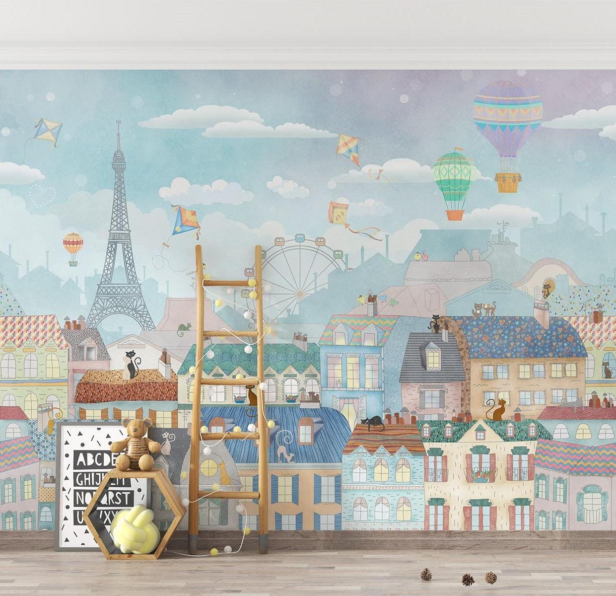 Paris Tapete | Verspielte Stadtlandschaft mit Heißluftballons