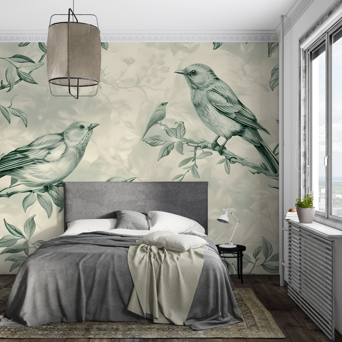 Birds Mural Wallpaper | Sage Green Botanical Design