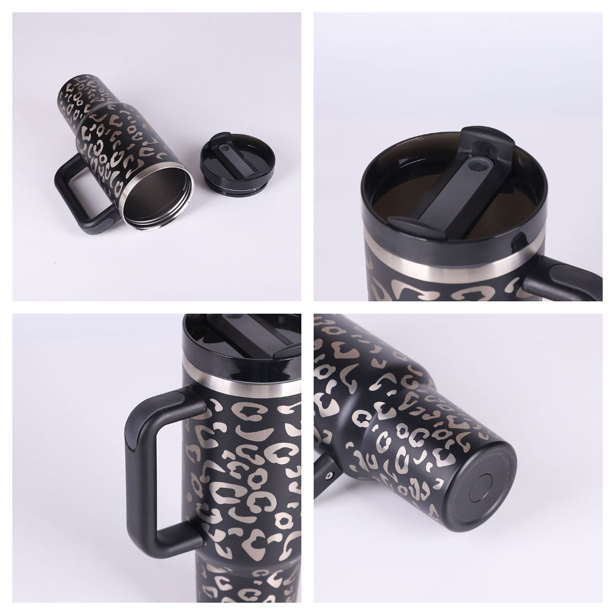 Insulated Travel Mug Leopard Print Design with Handle Straw - Product detail 4