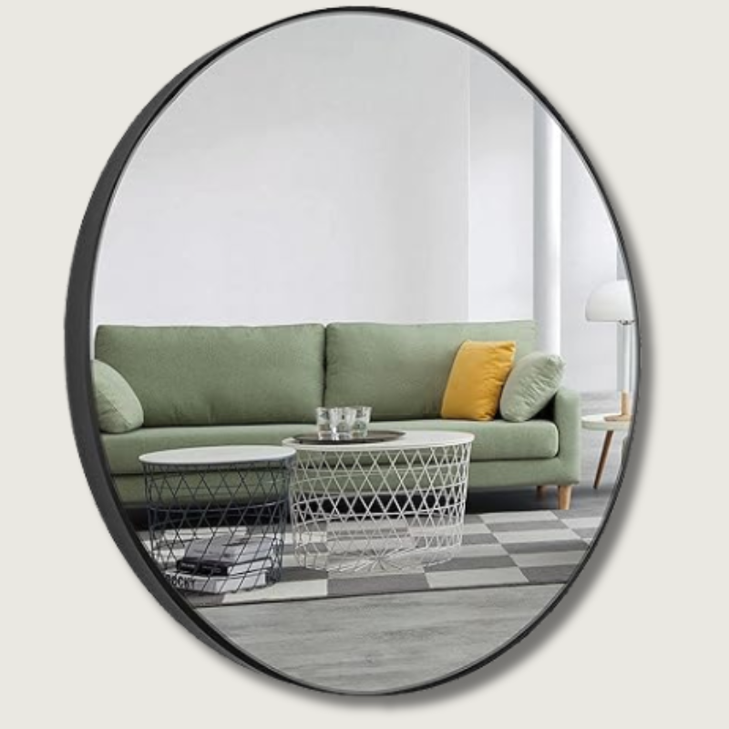 Modern Round Wall Mirror Black Metal Frame 50cm - Product showcase