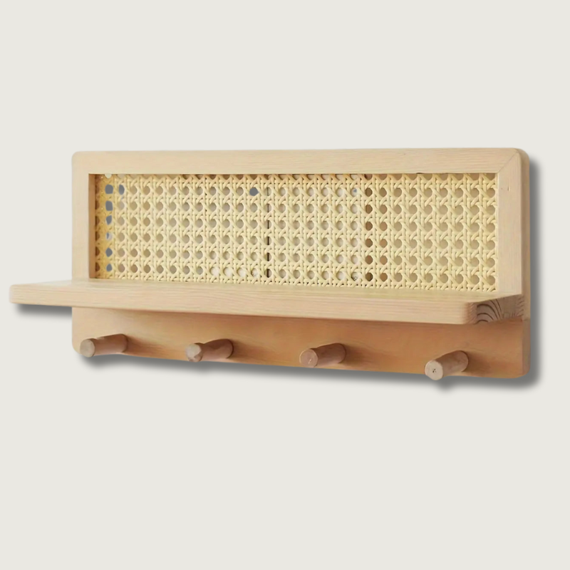 Wooden Wall Shelf Natural Rattan Panel With Storage Hooks - Product showcase