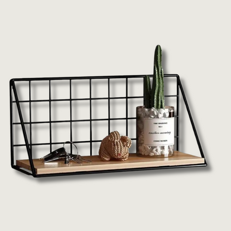 Modern Wall Shelf  Black Metal Grid Wood Display - Product showcase