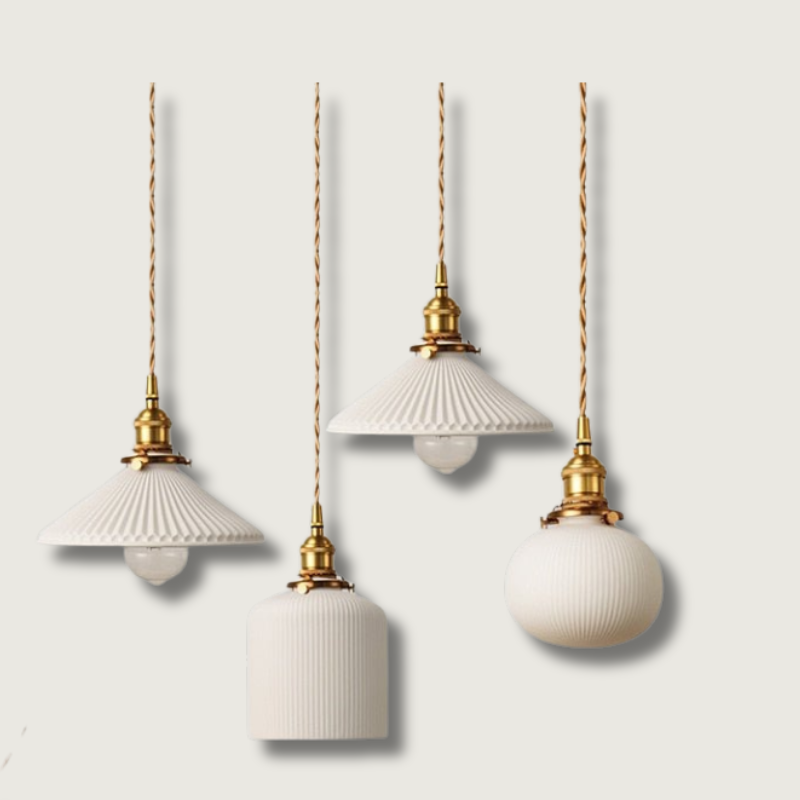 Ceramic Pendant Light Ribbed White Shade with Brass Fixtures - Product showcase