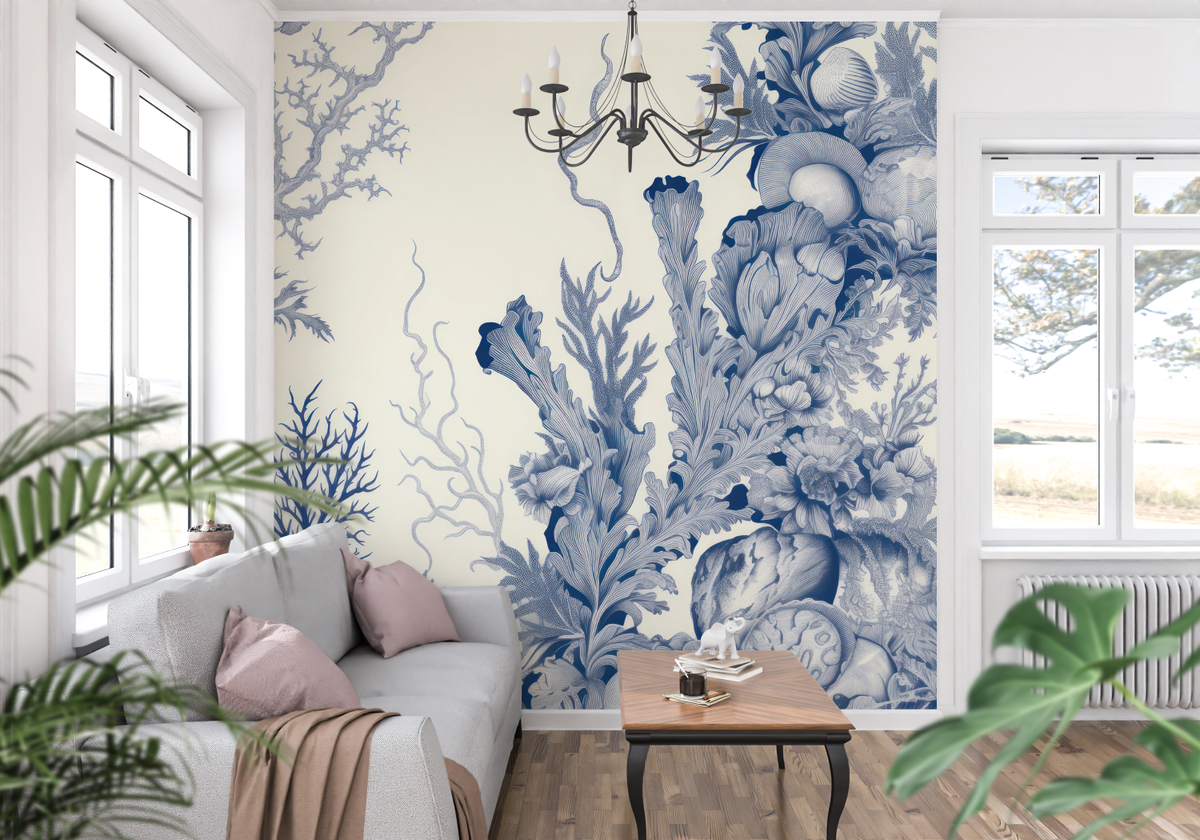 Marine Pattern Mural Wallpaper | Blue Toile de Jouy Design