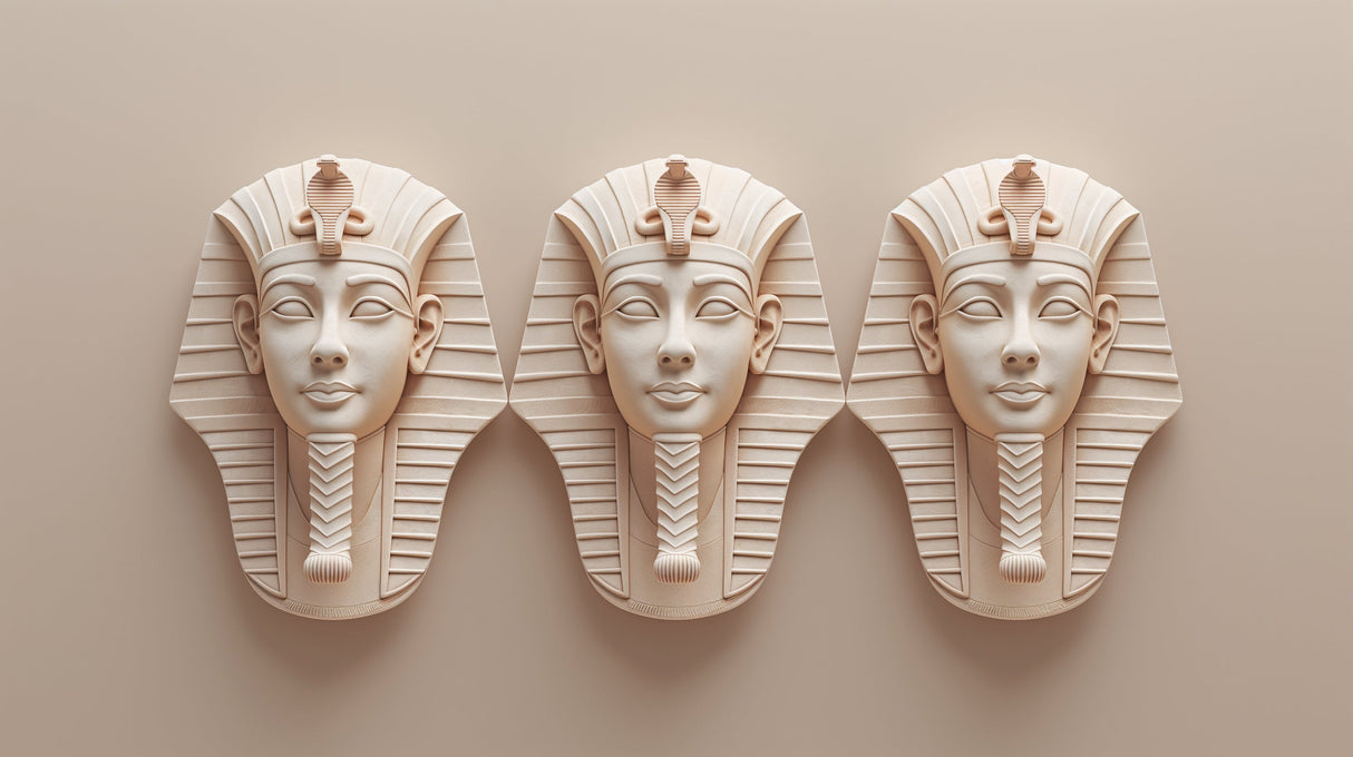 Egyptian wall mural with 3D pharaoh masks creating dramatic impact in a modern living room with neutral furniture