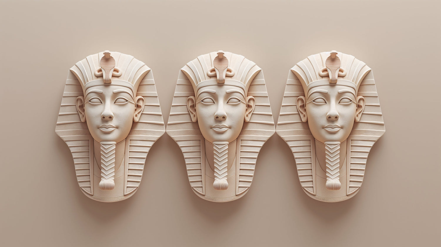 Egyptian wall mural with 3D pharaoh masks creating dramatic impact in a modern living room with neutral furniture