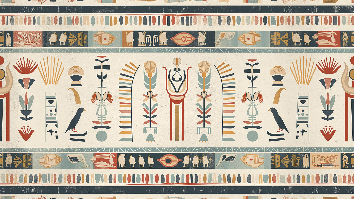 Egyptian hieroglyphics wallpaper creating an elegant atmosphere in a modern living room with neutral furniture