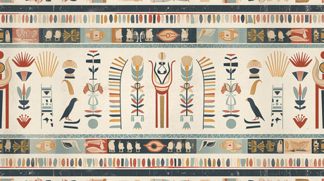 Egyptian hieroglyphics wallpaper creating an elegant atmosphere in a modern living room with neutral furniture