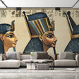 Egyptian pharaoh wall mural displayed in a modern dining room, gold and navy tones creating dramatic atmosphere