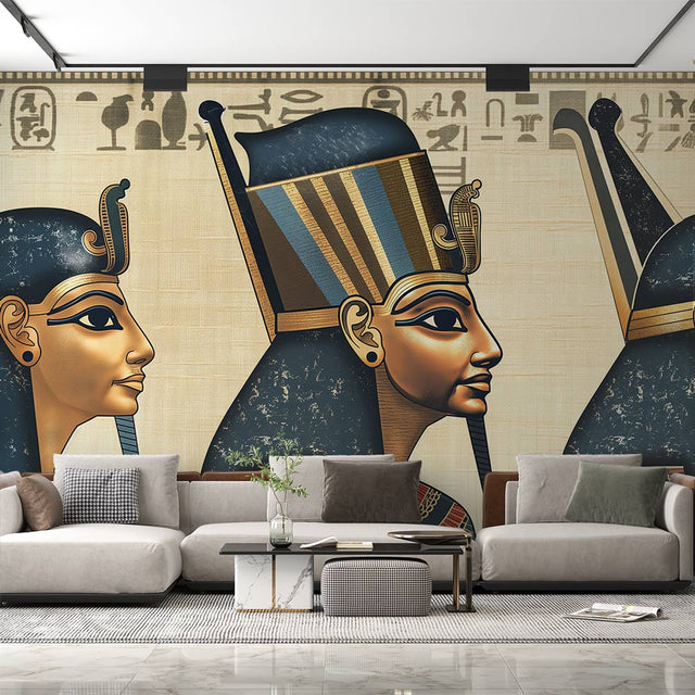 Egyptian pharaoh wall mural displayed in a modern dining room, gold and navy tones creating dramatic atmosphere