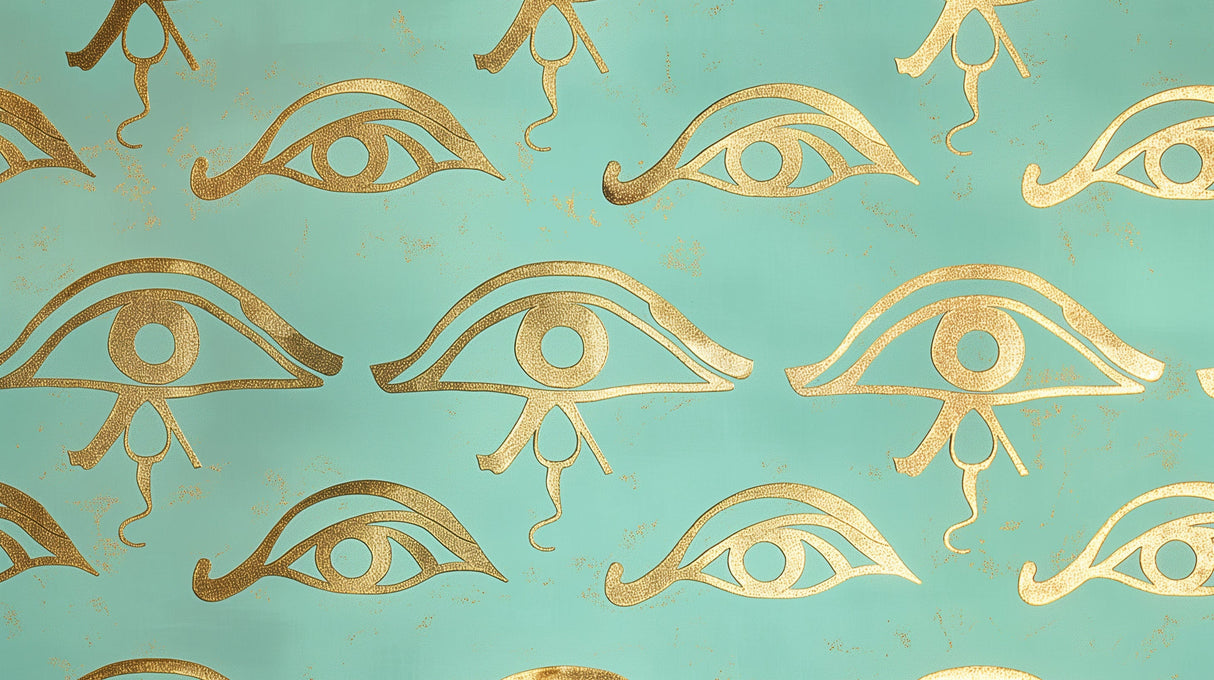 Egyptian Eye of Horus wallpaper mural creating a stunning gold accent wall in a modern living room with mid-century furniture