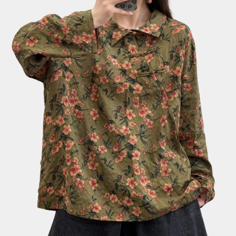 Floral Cotton Blouse Olive Green Botanical Print - Product detail 6