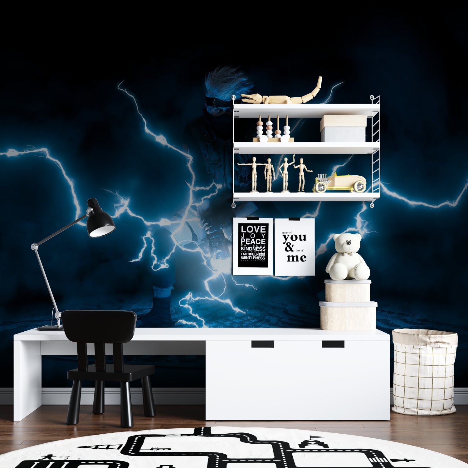 Neon lightning mural transforming modern entertainment room with electric blue patterns