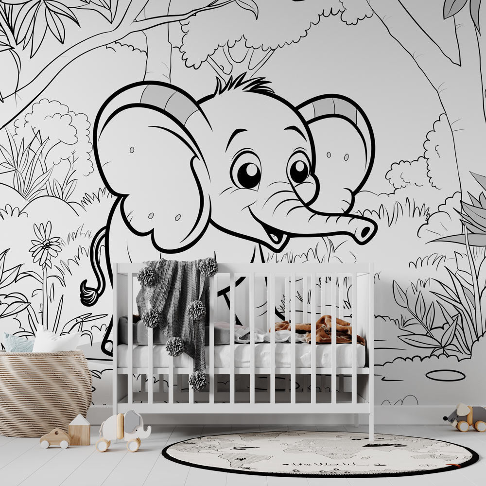 Black and white elephant wallpaper mural styled in a modern nursery with minimal furniture and natural light