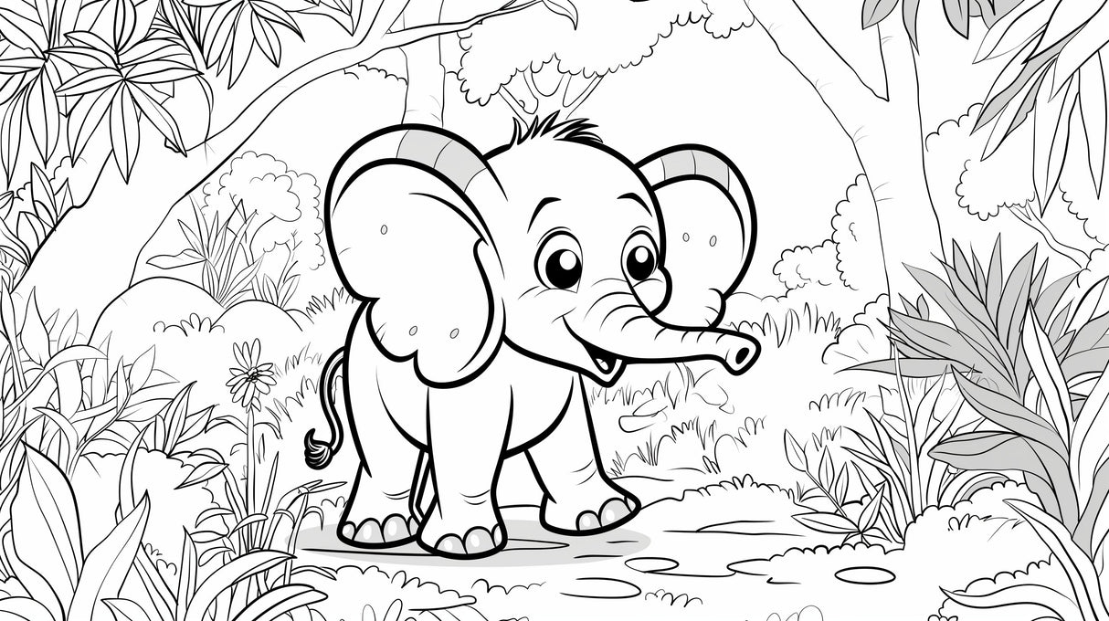 Black and white elephant wallpaper design file showing detailed jungle illustration pattern