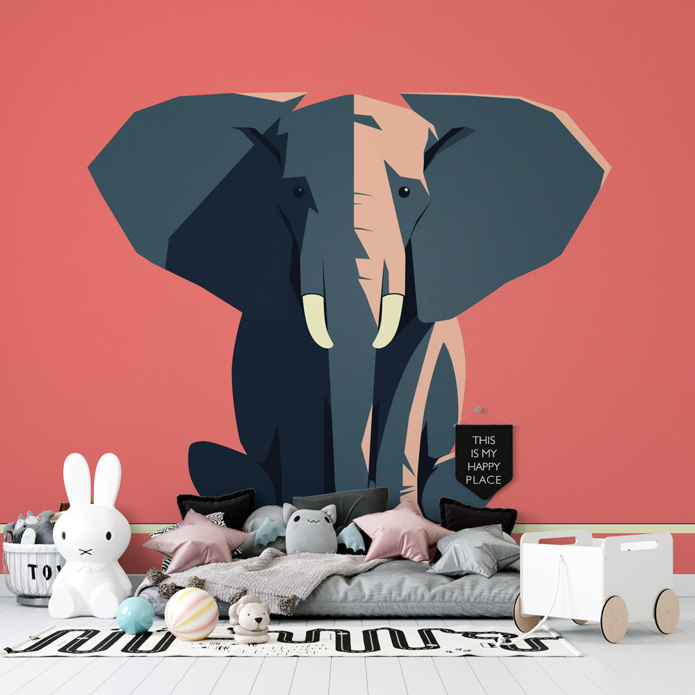 Modern geometric elephant wallpaper in a bright nursery, showing pink and blue tones creating a fresh, artistic atmosphere