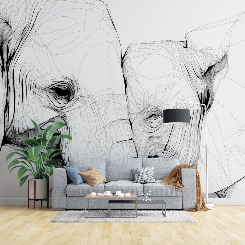 Black and white elephant line art wallpaper creating a stunning focal point in a modern minimalist living room