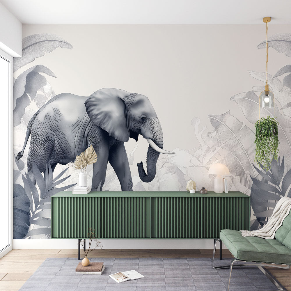 Monochrome Elephant Wall Mural creating a peaceful atmosphere in a modern living room with minimal furniture