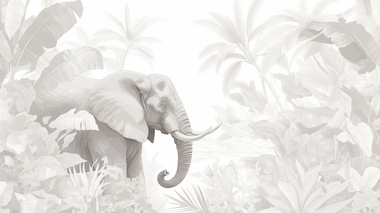 Monochrome elephant wallpaper mural creating a calm atmosphere in a modern living room with gray accents