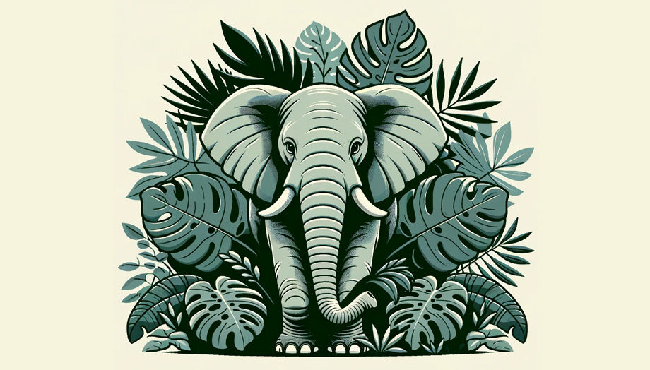 Elephant and monstera jungle wallpaper design file showing intricate leaf patterns and gentle elephant silhouette