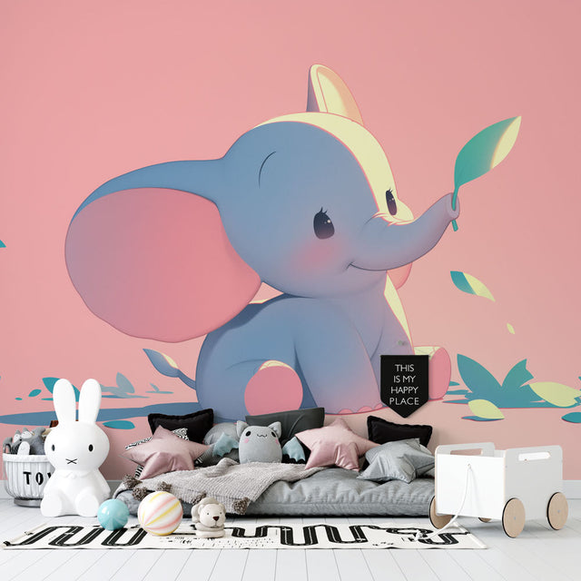 Elephant nursery wallpaper displayed in a modern baby room with white furniture and soft pink accents