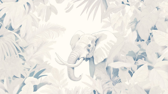 White Elephant Tropical Wallpaper creating a peaceful sanctuary in a modern living room with white furniture and natural light