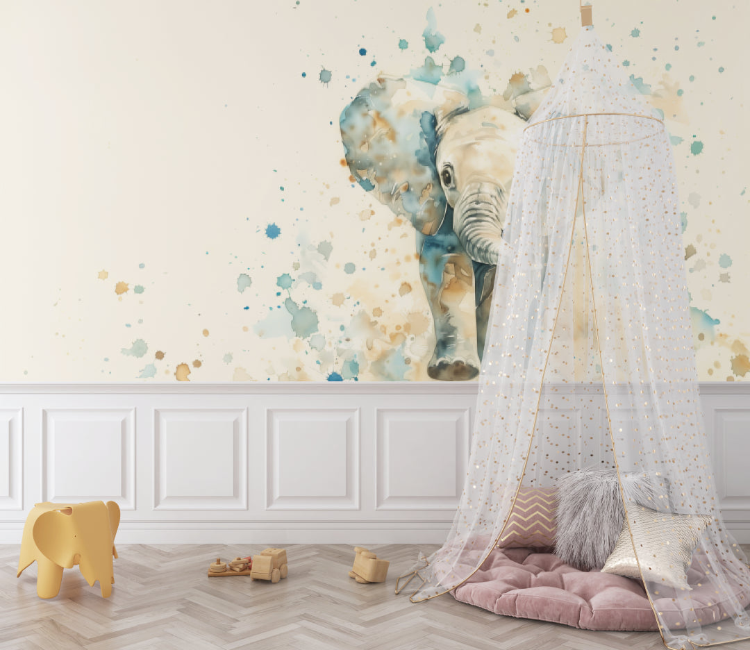 Watercolor elephant nursery wallpaper in a playroom setting with natural light and wooden accents