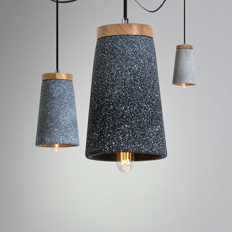 Modern Cement Pendant Light Wood Accent Conical Design - Detailed view