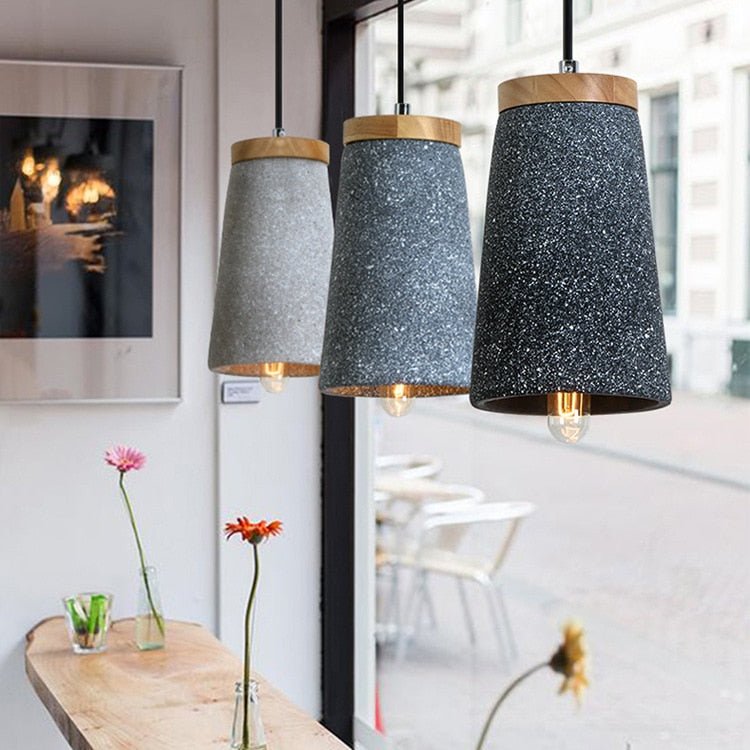 Modern Cement Pendant Light Wood Accent Conical Design - Product example