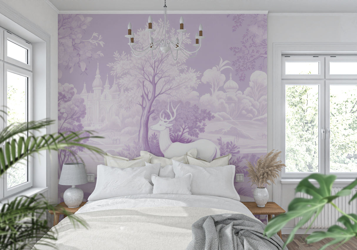 Enchanted forest mural in girl's bedroom with reading nook and soft lighting