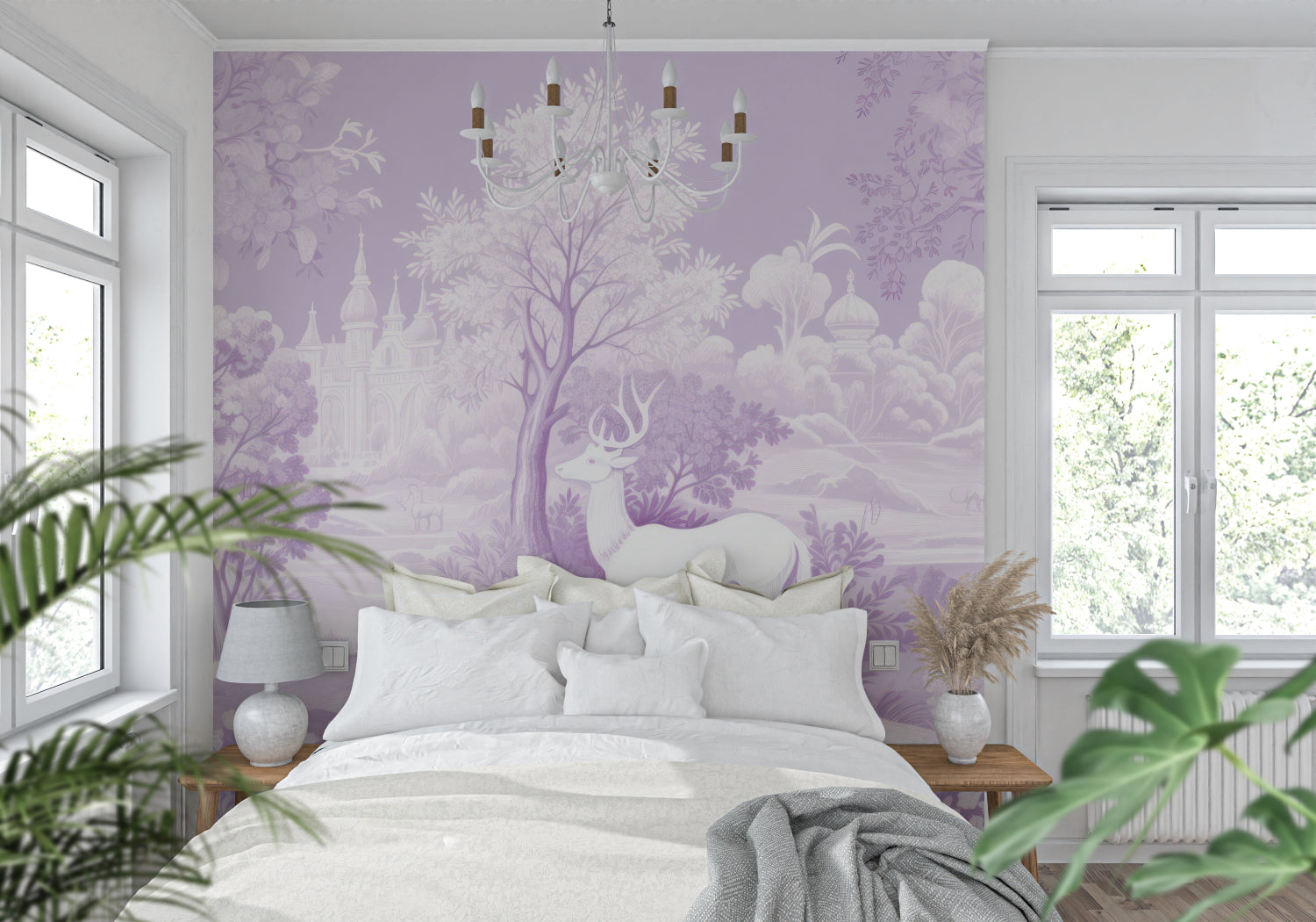 Enchanted forest mural in girl's bedroom with reading nook and soft lighting