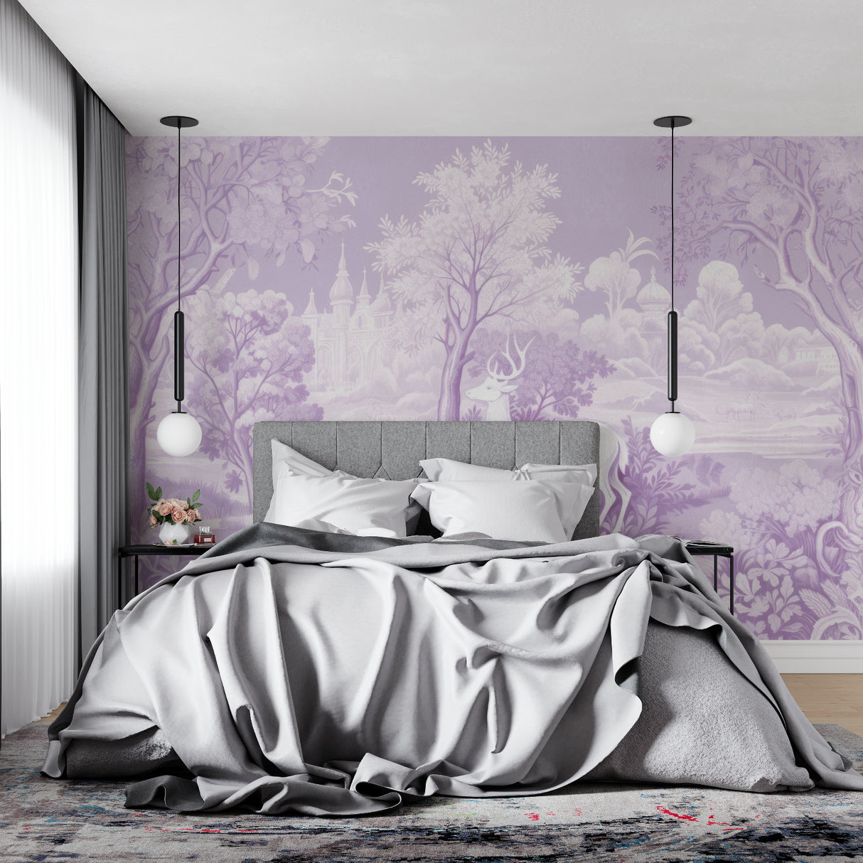 Purple deer wallpaper creating dreamy atmosphere in master bedroom