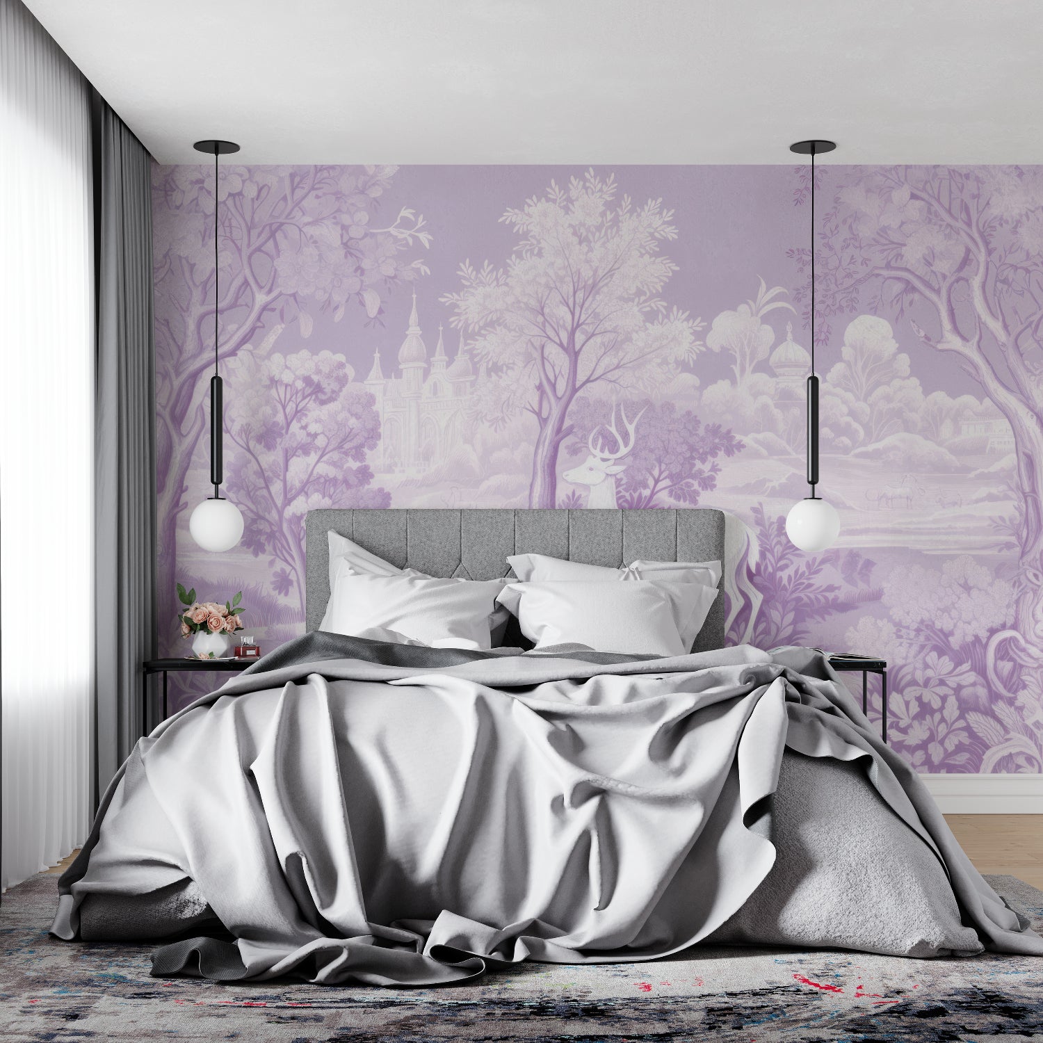 Purple deer wallpaper creating dreamy atmosphere in master bedroom