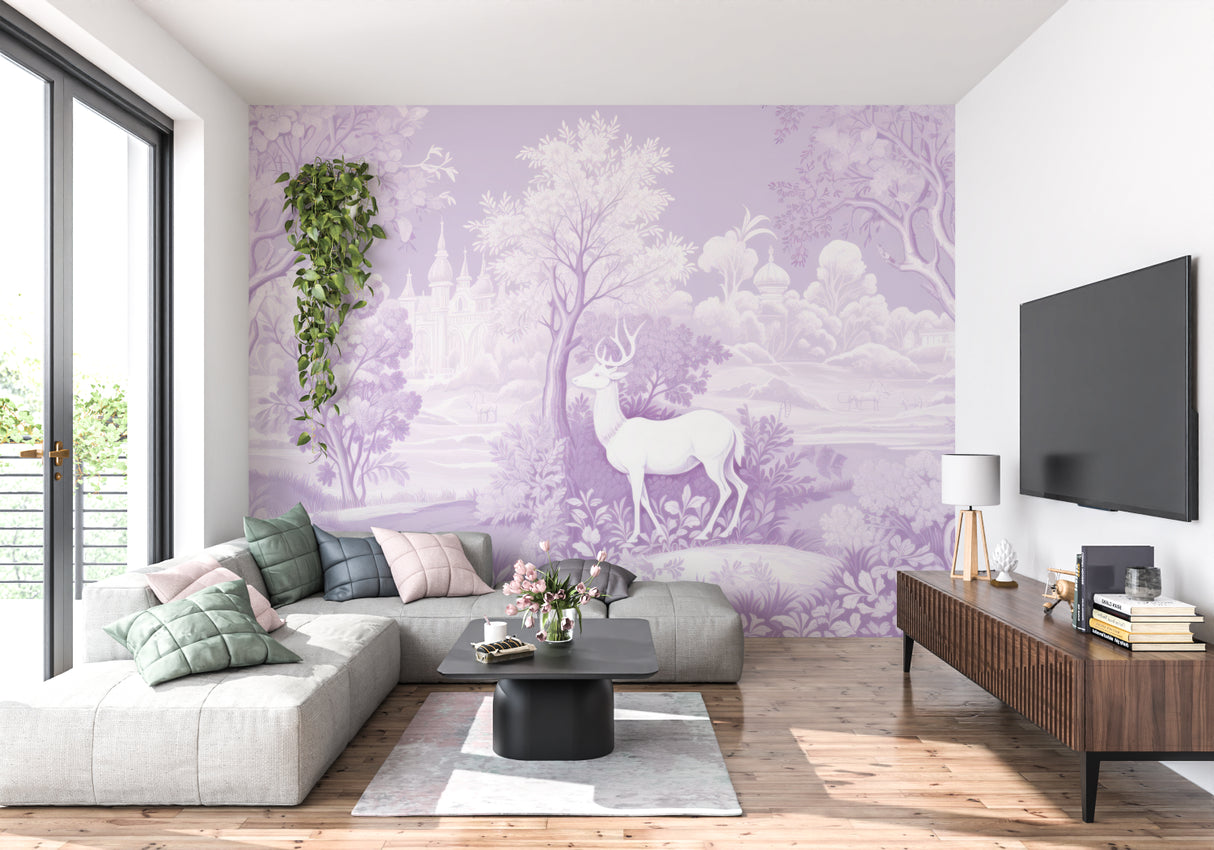 Castle wallpaper in playroom showing scale and magical purple tones