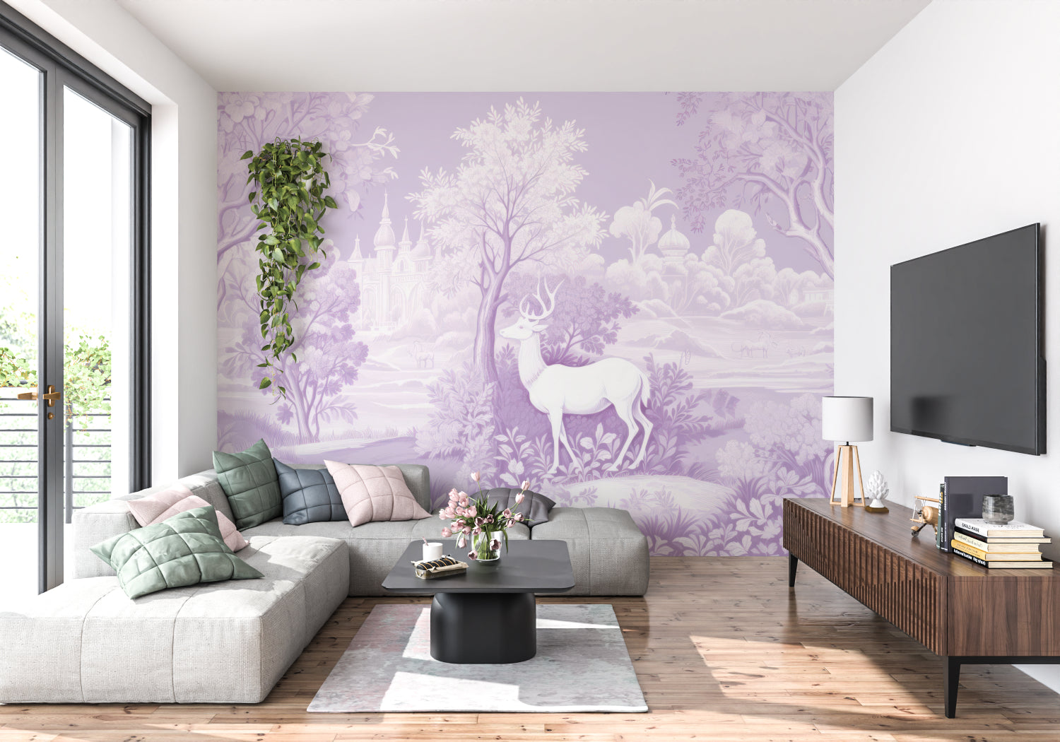 Castle wallpaper in playroom showing scale and magical purple tones