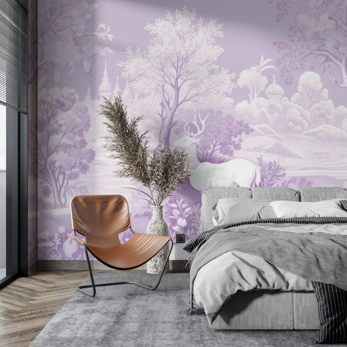 Forest mural in home office with purple castle theme creating calm workspace