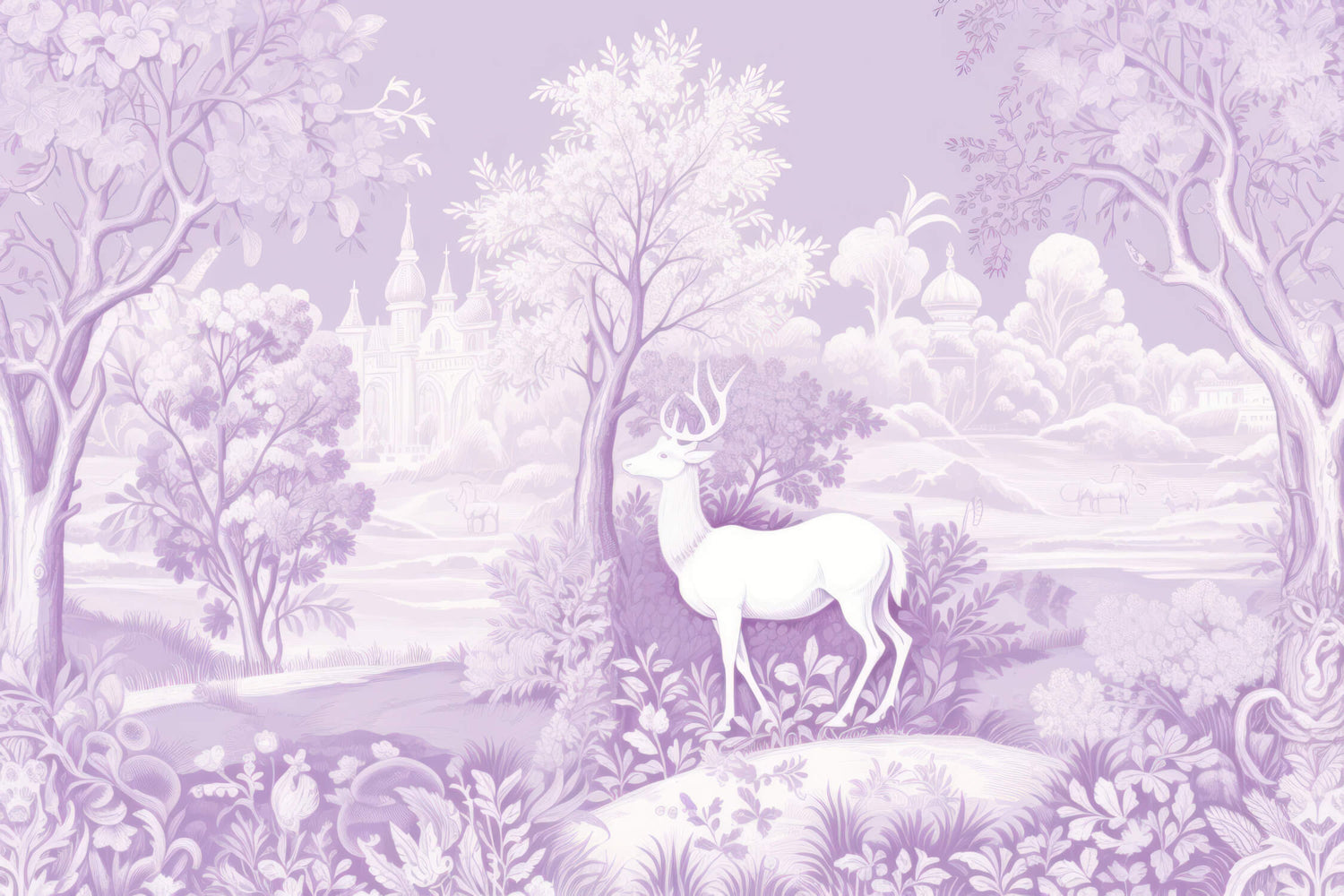 Design file of enchanted forest wallpaper with purple castle and white deer in misty scene