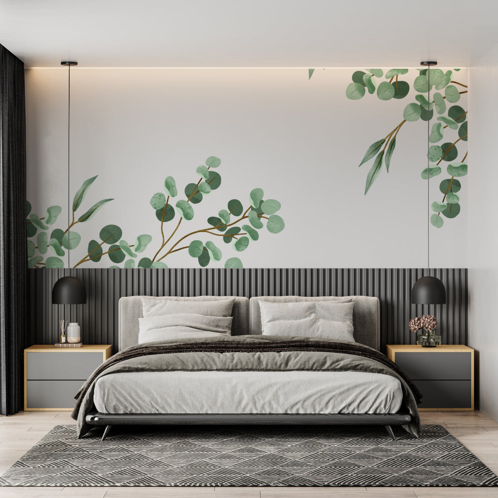 Eucalyptus botanical wallpaper in a bright Scandinavian living room showing fresh green leaves against white walls