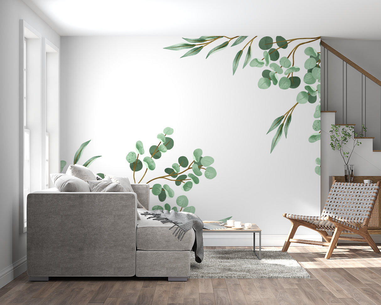 Modern bedroom with eucalyptus leaf wallpaper creating a calm, natural atmosphere